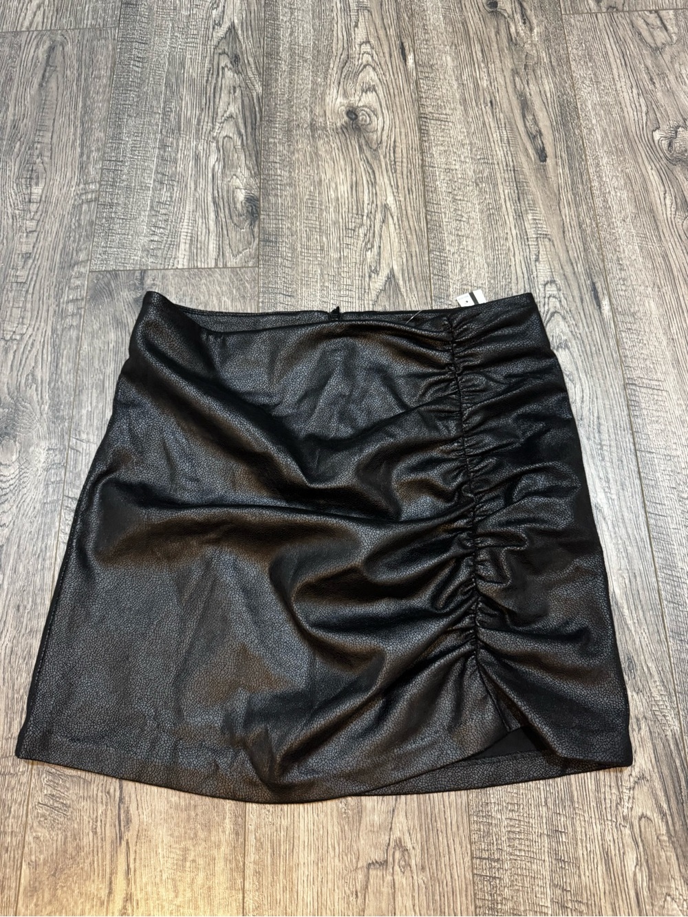 DREW Black Ruched Faux-Leather Mini Skirt